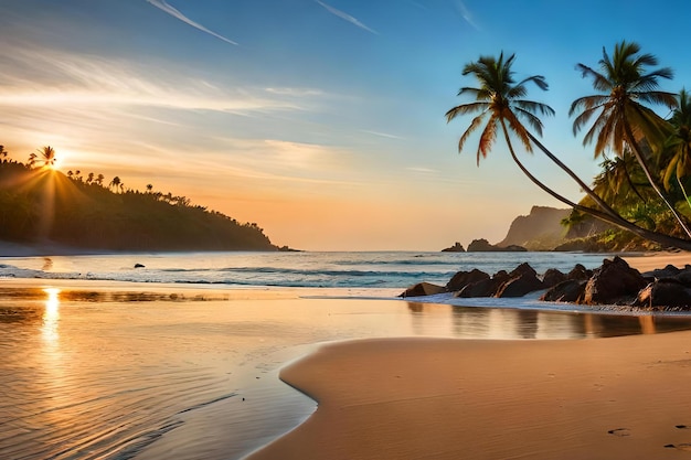 Uma praia ao pôr do sol com palmeiras e um pôr do sol ao fundo