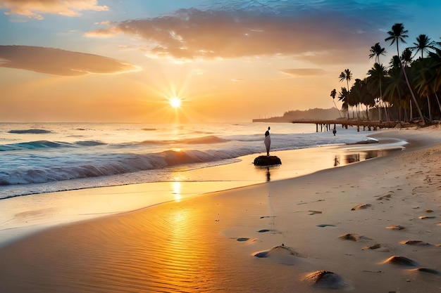 Uma praia ao pôr do sol com palmeiras e uma pessoa de pé na areia