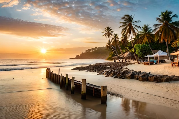 Uma praia ao pôr do sol com palmeiras e uma praia em primeiro plano.