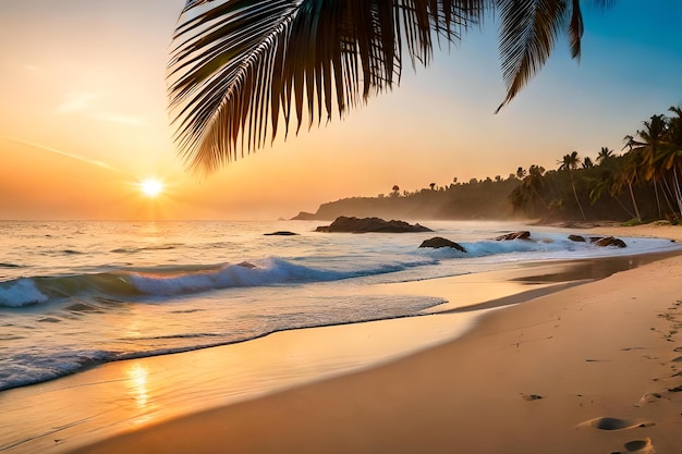 Uma praia ao pôr do sol com palmeiras em primeiro plano e o pôr do sol sobre o oceano.