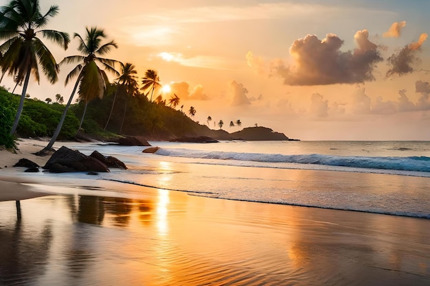 Uma praia ao pôr do sol com palmeiras em primeiro plano e um céu nublado ao fundo.