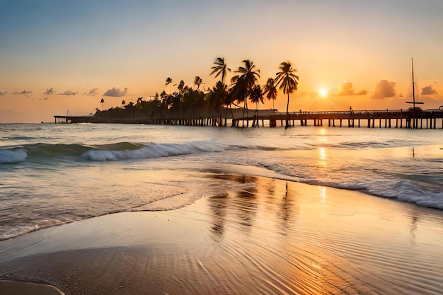 Uma praia ao pôr do sol com palmeiras em primeiro plano e um píer ao fundo.