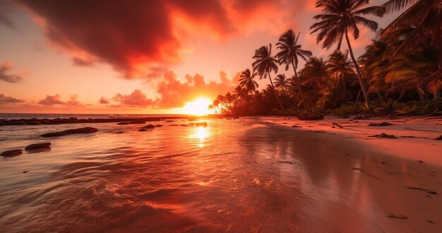 Uma praia ao pôr do sol com palmeiras em primeiro plano e um pôr do sol ao fundo.