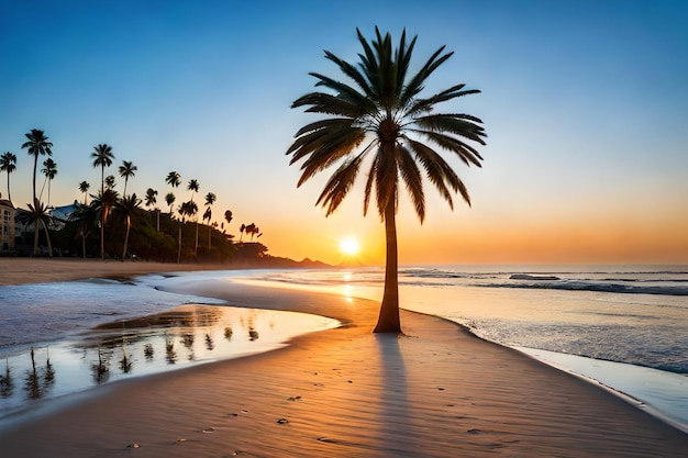 Uma praia ao pôr do sol com palmeiras na areia e o sol se pondo atrás dela.