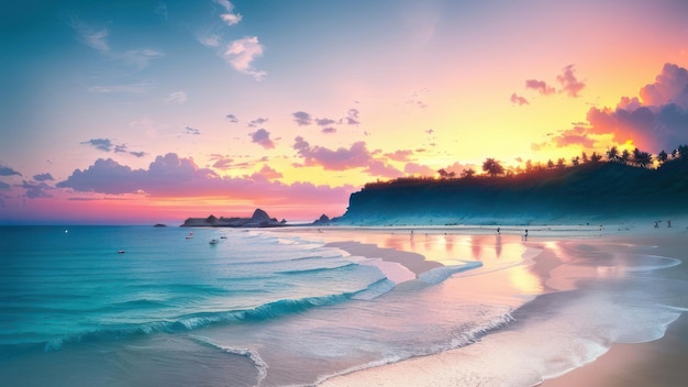 Uma praia ao pôr do sol com um céu colorido e o sol se pondo no horizonte.