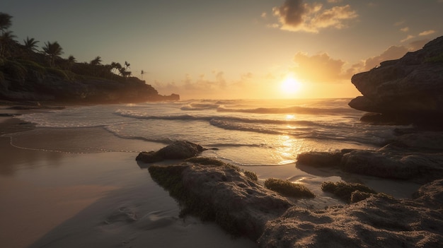 Uma praia ao pôr do sol com um pôr do sol ao fundo