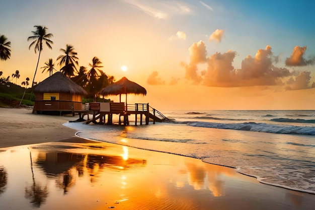 Uma praia ao pôr do sol com uma cabana na praia