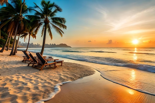 Uma praia ao pôr do sol com uma palmeira e cadeiras na areia