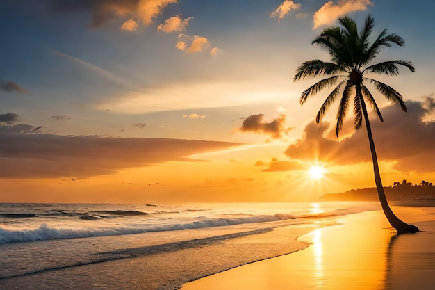 Uma praia ao pôr do sol com uma palmeira em primeiro plano