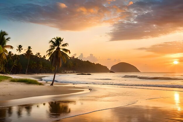 Uma praia ao pôr do sol com uma palmeira em primeiro plano