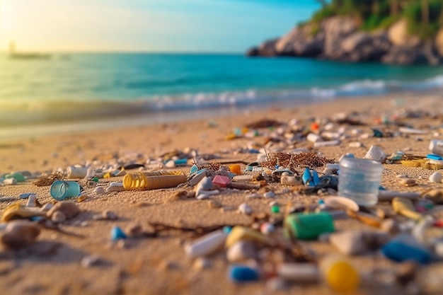 Uma praia cheia de lixo e resíduos plásticos é uma bandeira ampla para o meio ambiente e a reciclagem