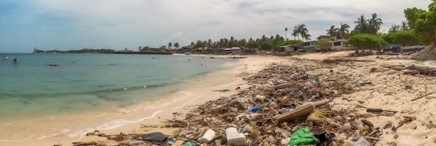 Uma praia cheia de lixo e sacolas plásticas