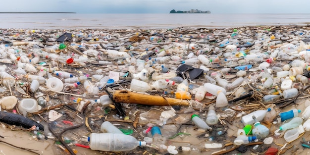 Uma praia cheia de plástico e garrafas de plástico.