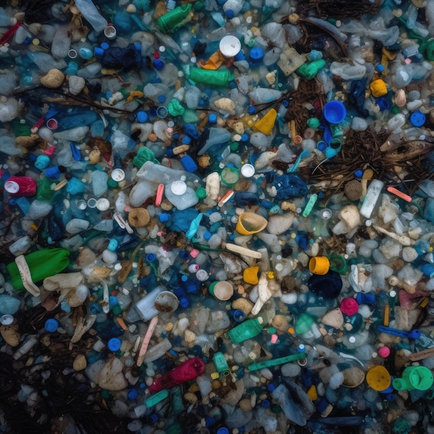 Uma praia cheia de plástico e outros detritos, incluindo uma garrafa.