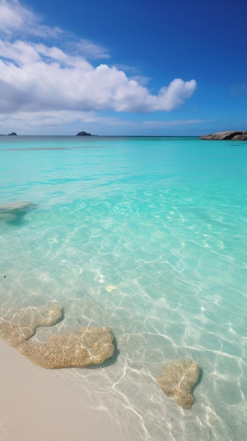 Uma praia com água azul e algumas pedras na água