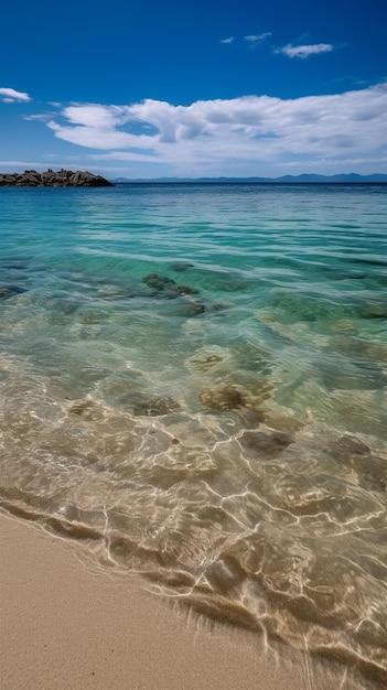 Uma praia com água azul e céu nublado