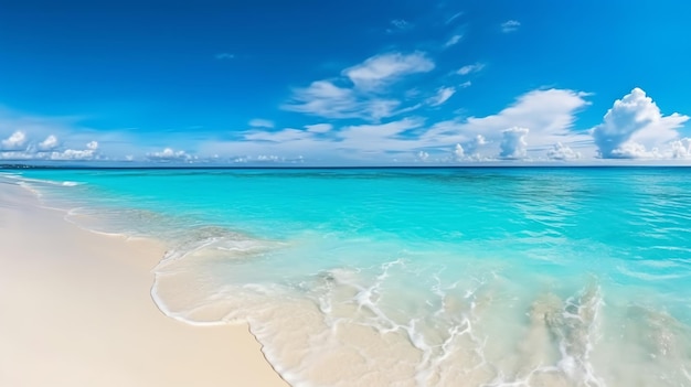 Uma praia com água azul e nuvens