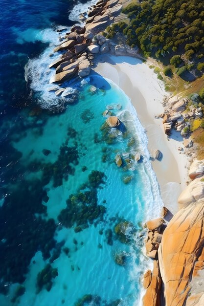 Uma praia com água azul e rochas