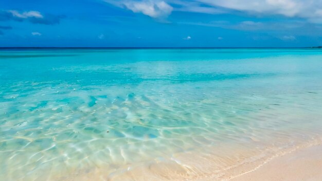 uma praia com água clara e um céu azul