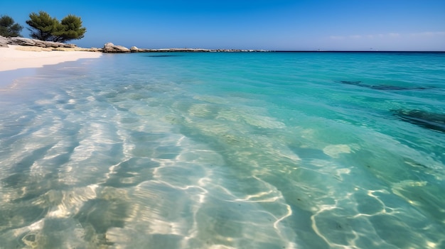 Uma praia com águas claras e um céu azul