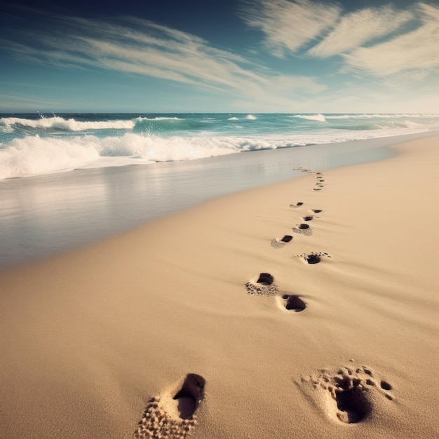 Uma praia com algumas pegadas na areia