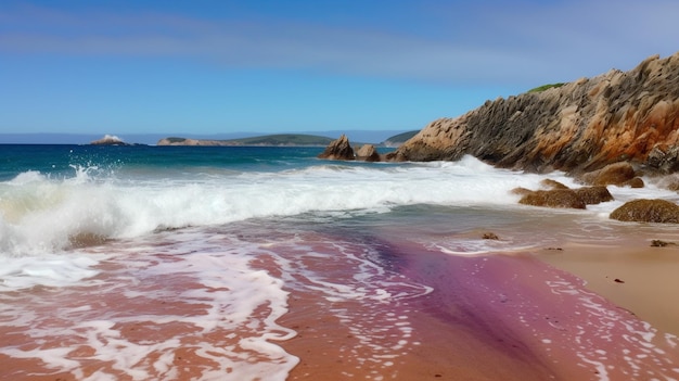 Uma praia com areia rosa e céu azul