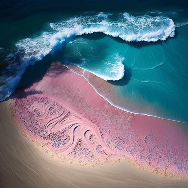 Uma praia com areia rosa e o mar ao fundo