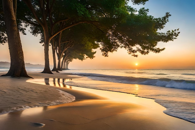 Uma praia com árvores na praia e o pôr do sol atrás dela