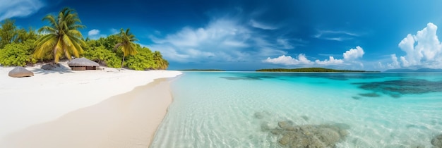 Uma praia com céu azul e areia branca