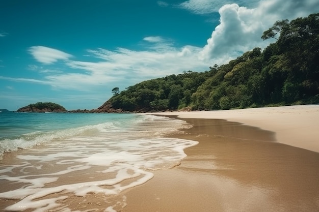 Uma praia com céu azul e nuvens