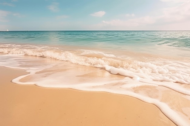 Uma praia com céu azul e ondas brancas