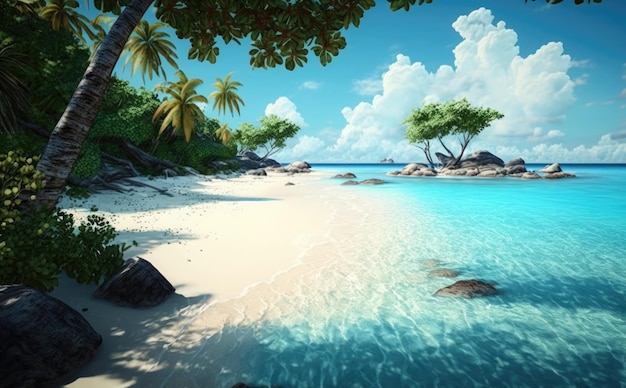 Uma praia com céu azul e palmeiras