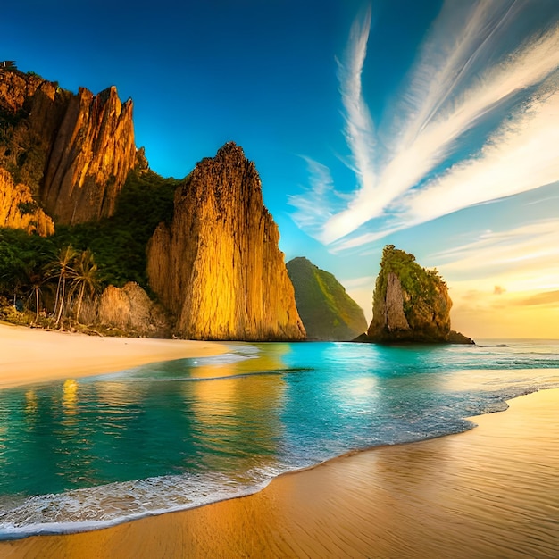 Uma praia com céu azul e uma montanha ao fundo