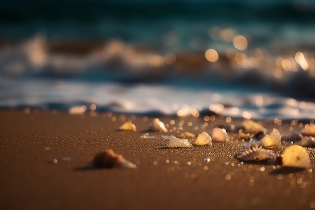 Uma praia com conchas e água