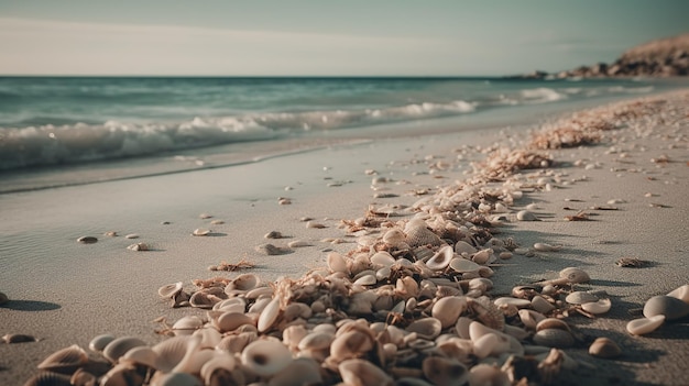 Uma praia com conchas e o mar ao fundo