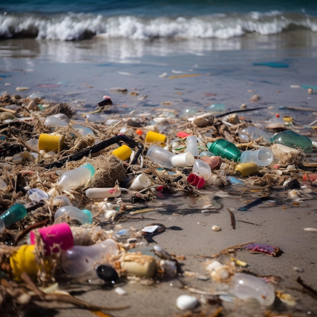 Uma praia com garrafas de plástico e outros detritos, incluindo uma com uma faixa vermelha.