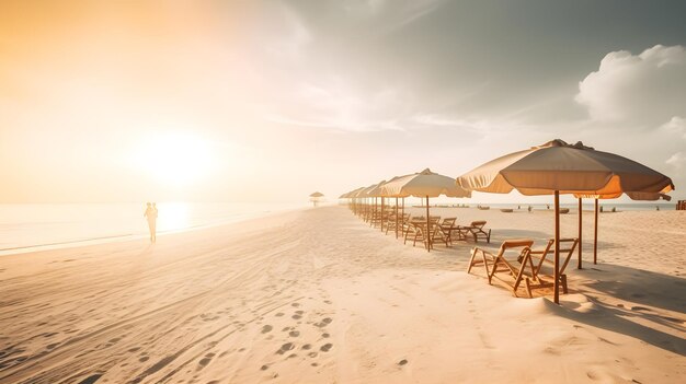 Uma praia com guarda-sóis e cadeiras na areia