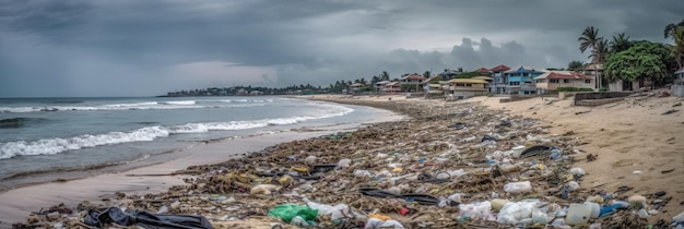 Uma praia com lixo e uma casa ao fundo