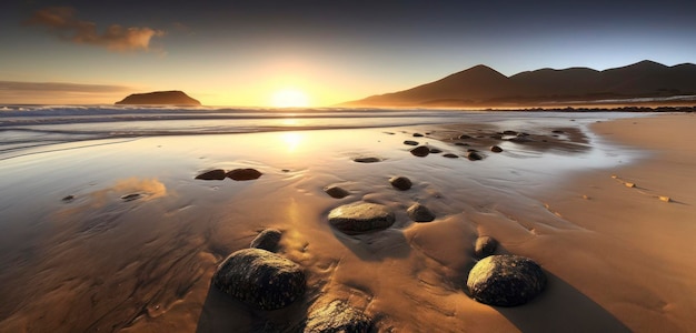 Uma praia com montanhas ao fundo