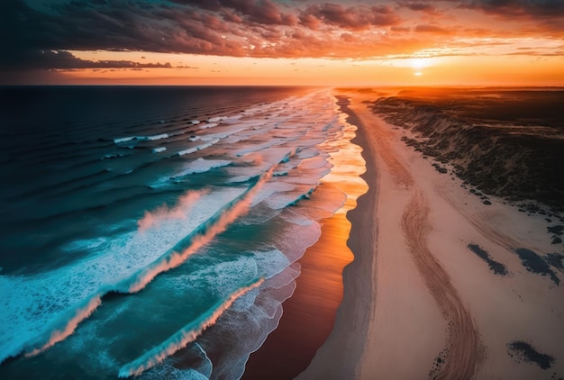 Uma praia com ondas batendo na areia