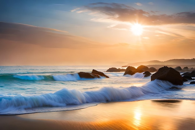 Uma praia com ondas batendo na areia