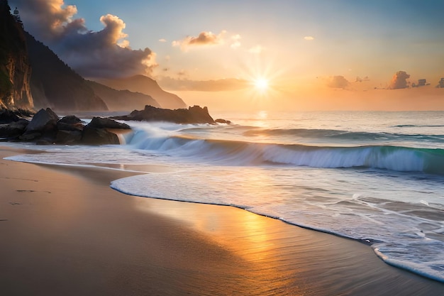 Uma praia com ondas e o pôr do sol sobre o oceano