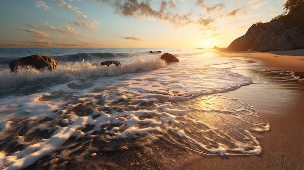 Uma praia com ondas e o pôr do sol