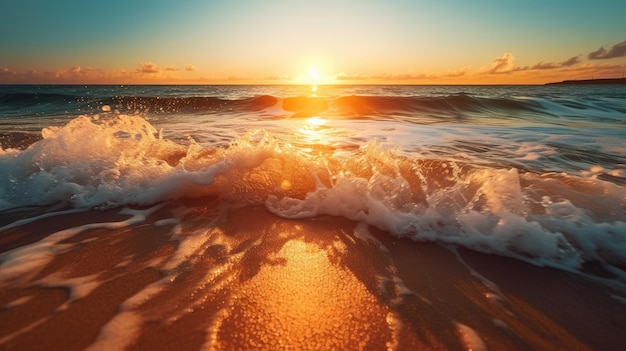 Uma praia com ondas e o sol se pondo no horizonte
