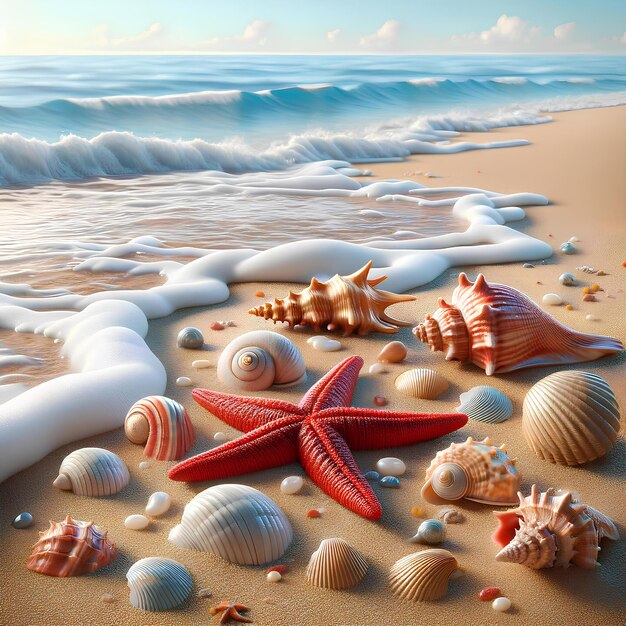 uma praia com ondas marinhas e areia adornada com conchas e uma estrela-do-mar