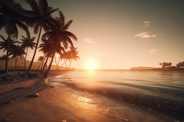 Uma praia com palmeiras ao pôr do sol