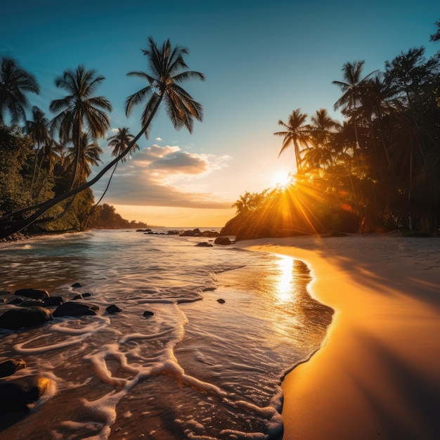 Uma praia com palmeiras e água