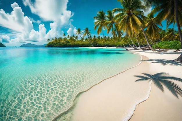 uma praia com palmeiras e areia na água