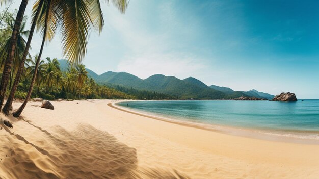 Uma praia com palmeiras e montanhas ao fundo