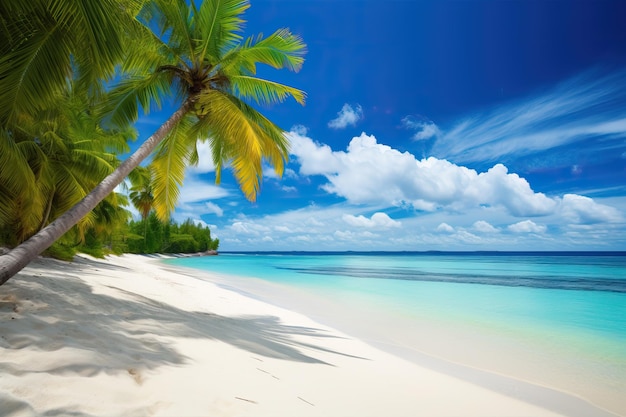Uma praia com palmeiras e o céu é azul.